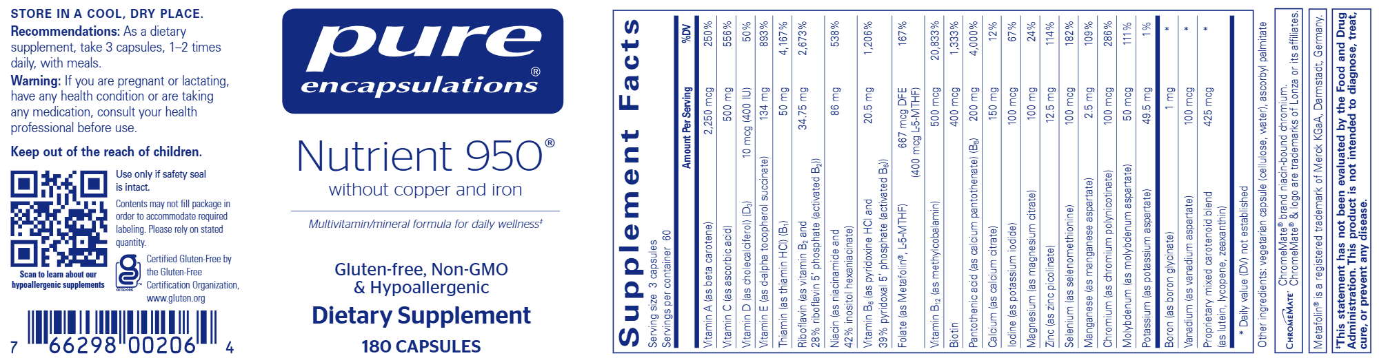Pure Encapsulations Nutrient 950 w/o Copper and Iron 180 capsules