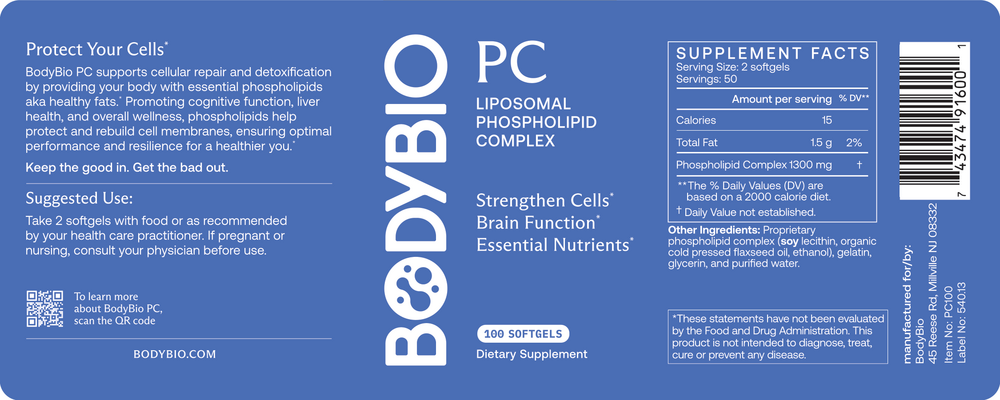 BodyBio PC Liposomal Phospholipid Complex 1300mg 100 softgels